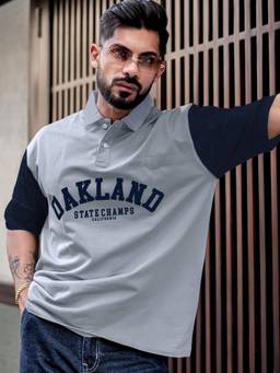 MANIAC - Grey Cotton Printed Oversized Polo T-Shirt