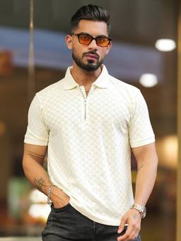 MANIAC - Men Off White Cotton Self Design Polo T-Shirt