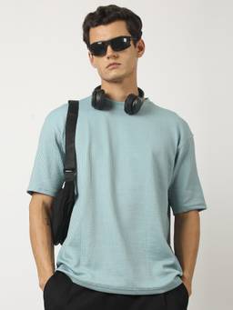 MANIAC - Blue Cotton Textured Oversized T-Shirt