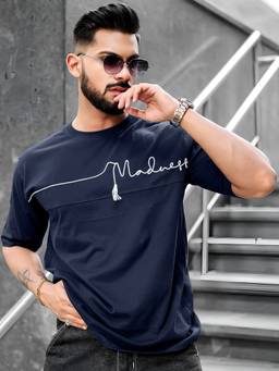 MANIAC - Men Navy Blue Cotton Printed T-Shirt