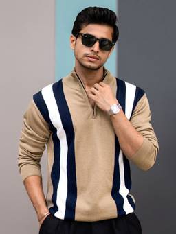 MANIAC - Men Beige Cotton Colorblock T-Shirt