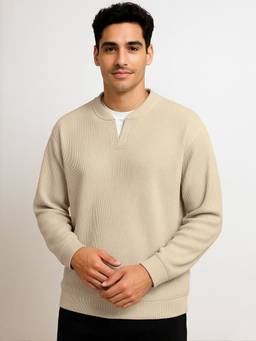 MANIAC - Beige Cotton Textured Oversized T-Shirt