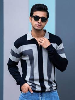 MANIAC - Men Black Cotton Colorblock Polo T-Shirt