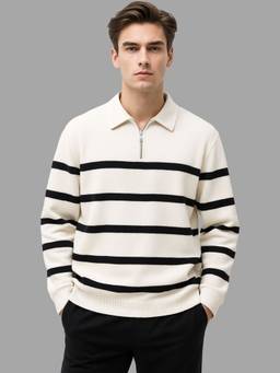 MANIAC - Men White Cotton Stripes Polo T-Shirt