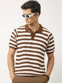 MANIAC - Men Brown Cotton Stripes Oversized Polo T-Shirt