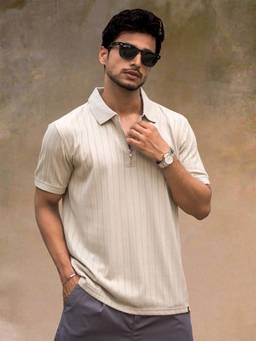 MANIAC - Beige Cotton Stripes Polo T-Shirt