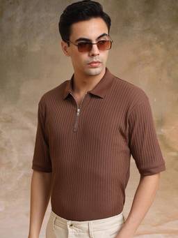 MANIAC - Mens Brown Cotton Stripes Polo T-Shirt