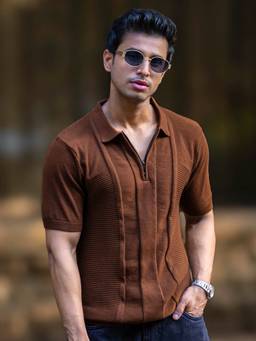 MANIAC - Brown Cotton Self Design Polo T-Shirt