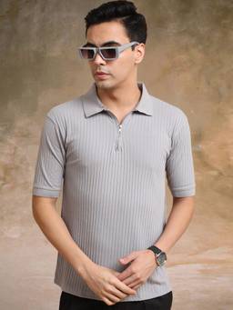 MANIAC - Light Grey Cotton Stripes Polo T-Shirt