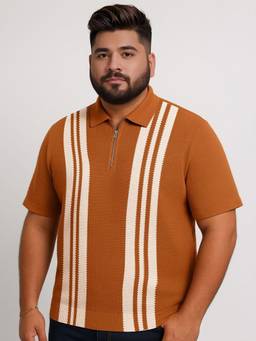 MANIAC - Rust Cotton Stripes Polo T-Shirt