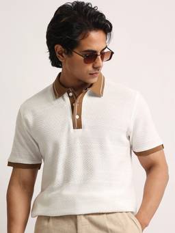 MANIAC - White Cotton Textured Polo T-Shirt