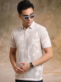 MANIAC - Pink Cotton Self Design Polo T-Shirt