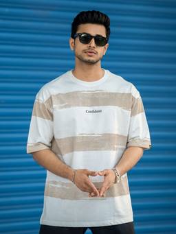 MANIAC - Off White Cotton Stripes T-Shirt