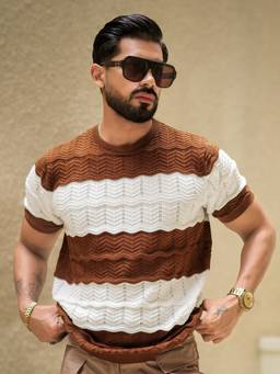 MANIAC - Men Brown Cotton Textured T-Shirt