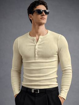MANIAC - Beige Cotton Textured T-Shirt