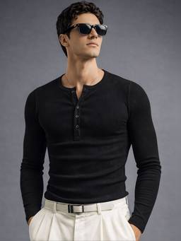 MANIAC - Men Black Cotton Textured T-Shirt