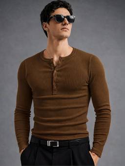 MANIAC - Brown Cotton Textured T-Shirt