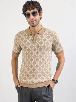 MANIAC - Mens Beige Cotton Textured Polo T-Shirt
