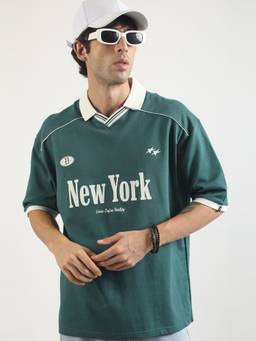 MANIAC - Green Cotton Printed Polo T-Shirt