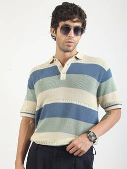 MANIAC - Cream Cotton Stripes Polo T-Shirt