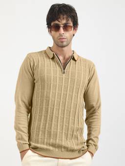 MANIAC - Beige Cotton Textured Polo T-Shirt