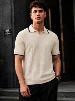 MANIAC - Cream Men Cotton Self Design Polo T-Shirt
