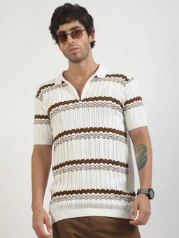 MANIAC - White Cotton Stripes Polo T-Shirt