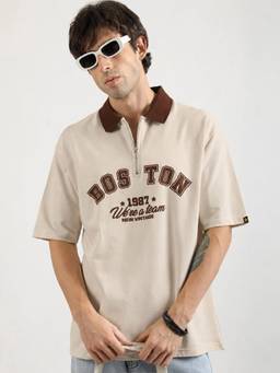 MANIAC - Beige Cotton Printed Polo T-Shirt