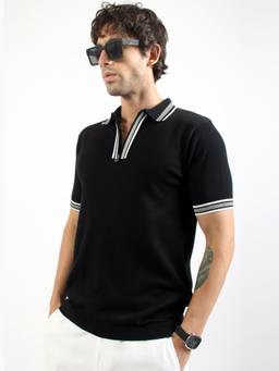 MANIAC - Black Men Cotton Solid Polo T-Shirt