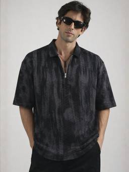 MANIAC - Black Men Cotton Self Design Polo T-Shirt