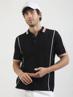 MANIAC - Black Cotton Colorblock Polo T-Shirt
