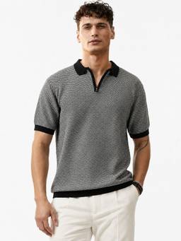 MANIAC - Black Mens Cotton Self Design Polo T-Shirt