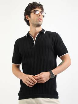 MANIAC - Black Cotton Solid Polo T-Shirt