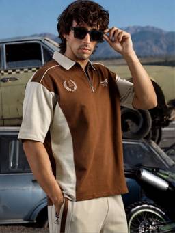 MANIAC - Brown Cotton Colorblock Polo T-Shirt