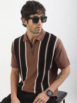 MANIAC - Men'S Brown Cotton Stripes Polo T-Shirt