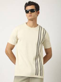 MANIAC - Cream Men Cotton Stripes T-Shirt