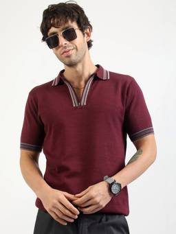 MANIAC - Maroon Cotton Self Design Polo T-Shirt