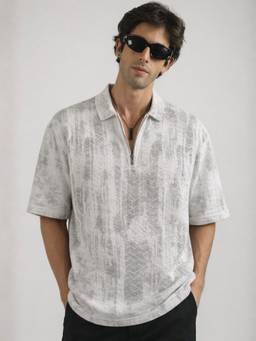 MANIAC - White Cotton Self Design Polo T-Shirt