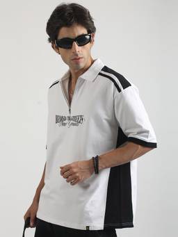 MANIAC - White Cotton Printed Polo T-Shirt