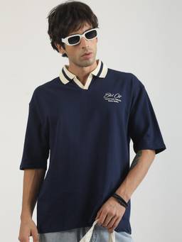 MANIAC - Navy Blue Cotton Colorblock Polo T-Shirt