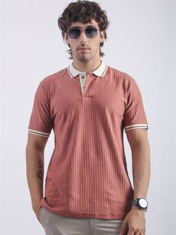 MANIAC - Brown Cotton Stripes Polo T-Shirt