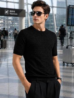 MANIAC - Black Cotton Textured T-Shirt