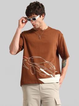 MANIAC - Brown Cotton Race Car Printed T-Shirt