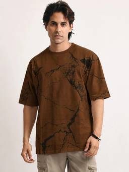 MANIAC - Brown Cotton Spray Printed T-Shirt
