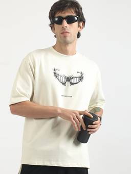 MANIAC - Cream Cotton Sunglass Printed T-Shirt