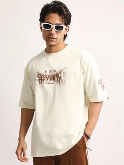MANIAC - Cream Men Cotton Printed T-Shirt