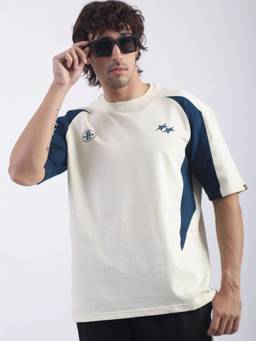 MANIAC - Mens Cream Cotton Colorblock T-Shirt