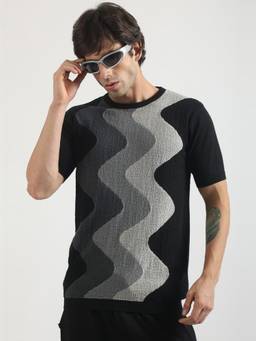 MANIAC - Black Cotton Self Design T-Shirt