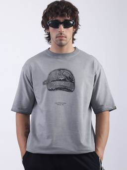 MANIAC - Men Grey Cotton Self Design T-Shirt