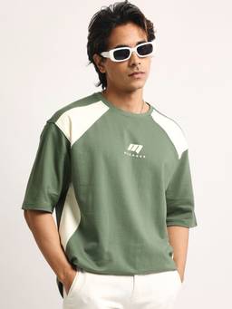MANIAC - Green Cotton Colorblock T-Shirt